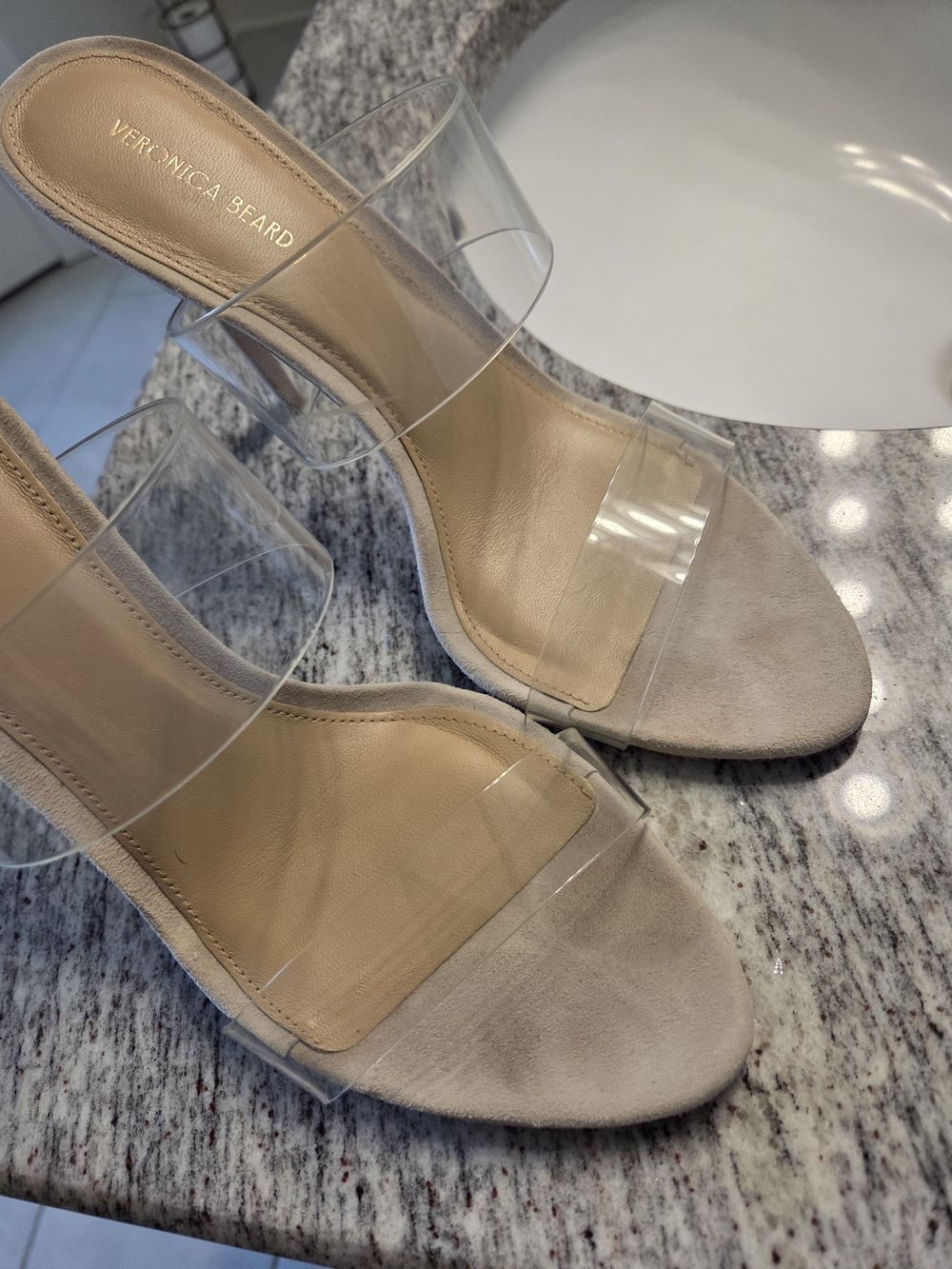 Veronica Beard Clear Strap Beige Suede Heel Sandals